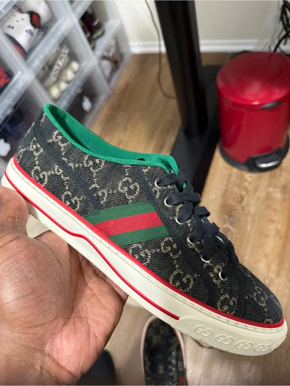 Gucci Black GG Canvas Low-Top Sneaker with Green and Red Web